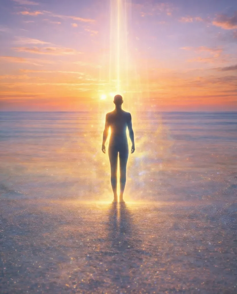 how to work with Saturn energy in astrology, represented by an empowered human silhouette with a golden and blue aura