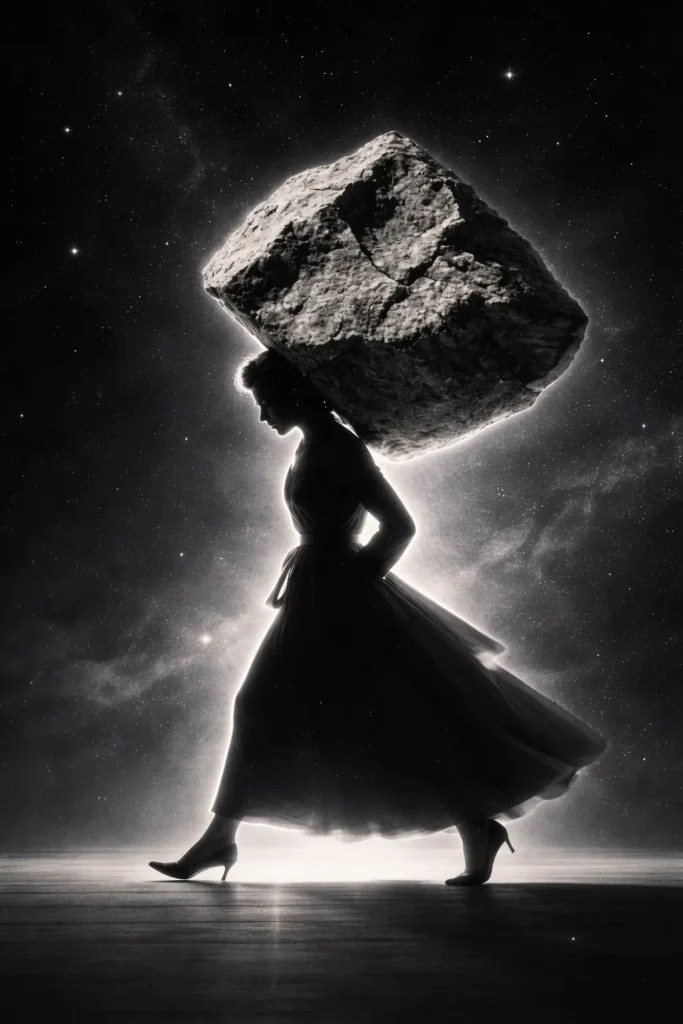 silhouette carrying heavy weight in space, representing Saturn energy, pressure, and responsibility in astrology