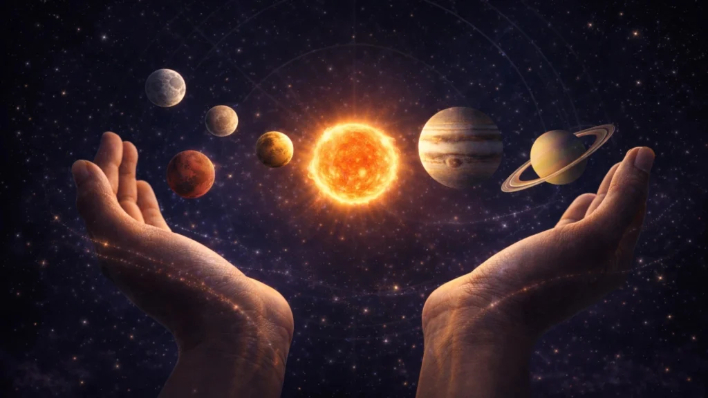 Hands holding the solar system representing astrology attunement and planetary energy alignment