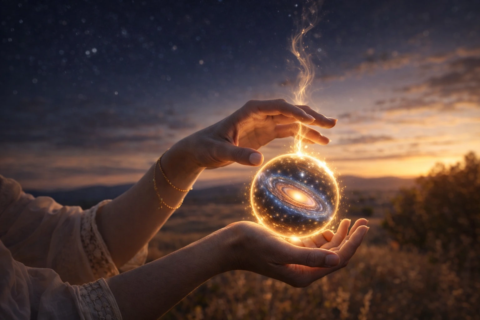 Hands holding glowing energy sphere representing astrology attunement and working with planetary energy