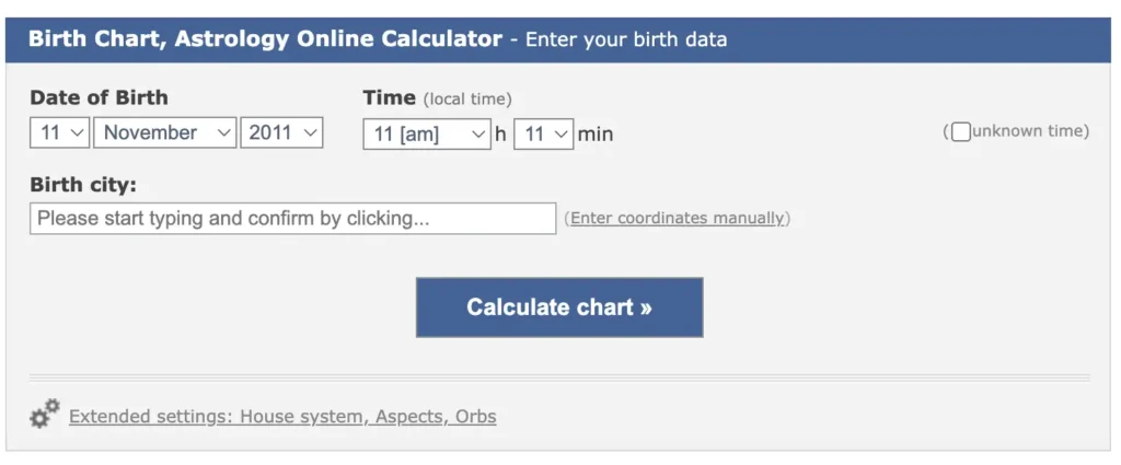 Example of a birth chart calculator interface showing date, time, and location input fields