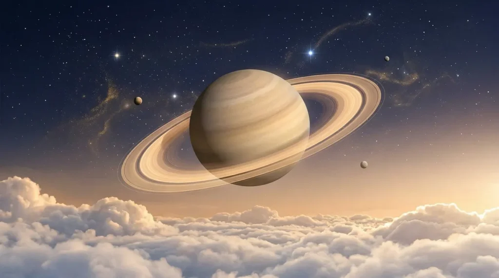 Saturn above clouds in a starry sky symbolizing struggle and growth through Saturn placement in astrology