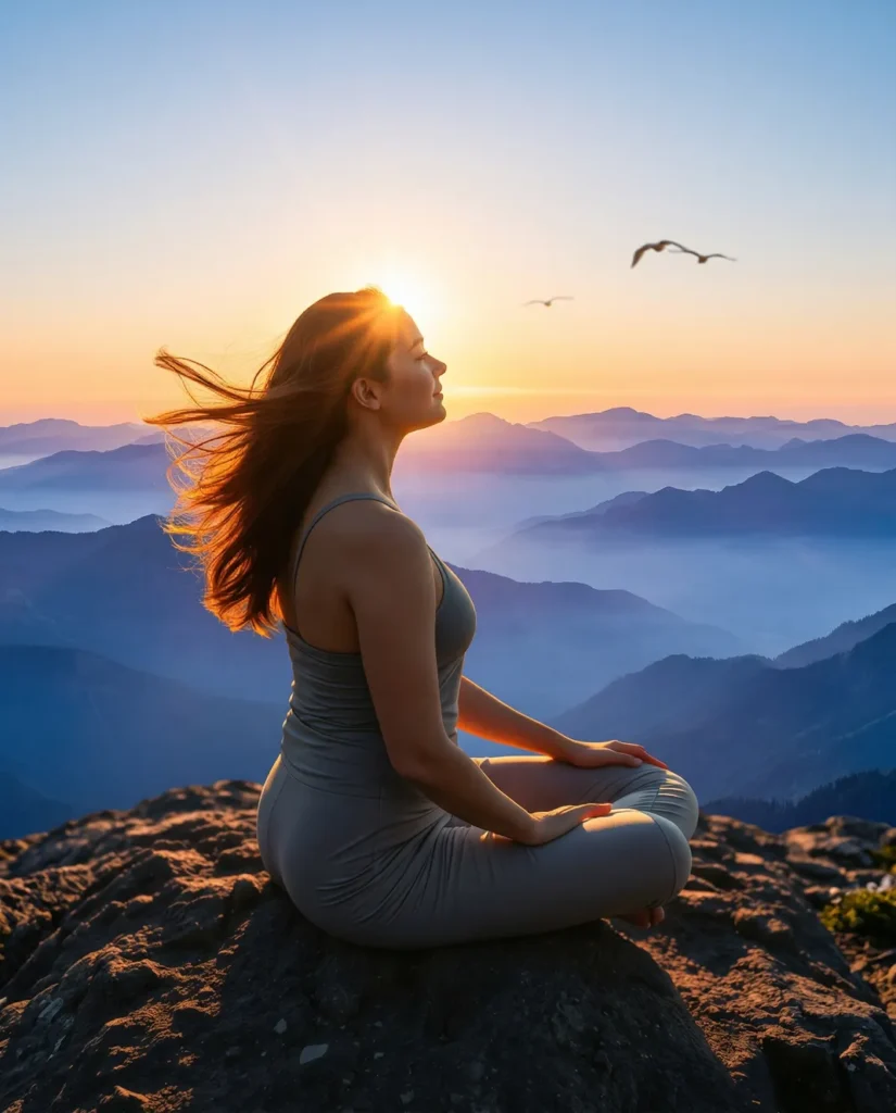 Woman meditating at sunrise on a mountain symbolizing inner strength and personal growth