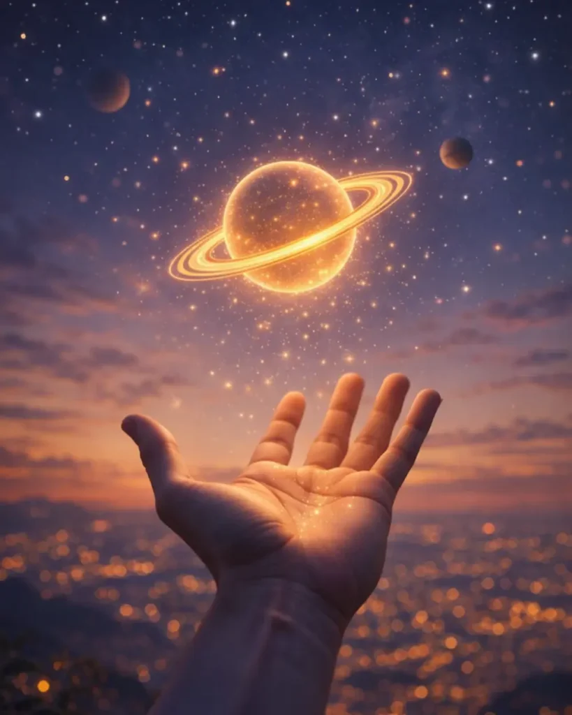 Glowing Saturn above open hand symbolizing a new way to work with astrology energy